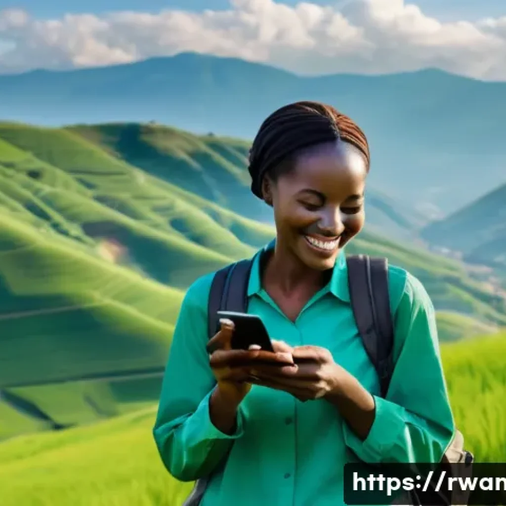 르완다 여행 필수 준비물 - A joyful traveler, perhaps a woman in her late 20s, stands on a vibrant green Rwandan hillside, over...
