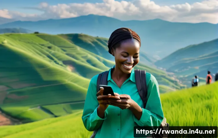 르완다 여행 필수 준비물 - A joyful traveler, perhaps a woman in her late 20s, stands on a vibrant green Rwandan hillside, over...