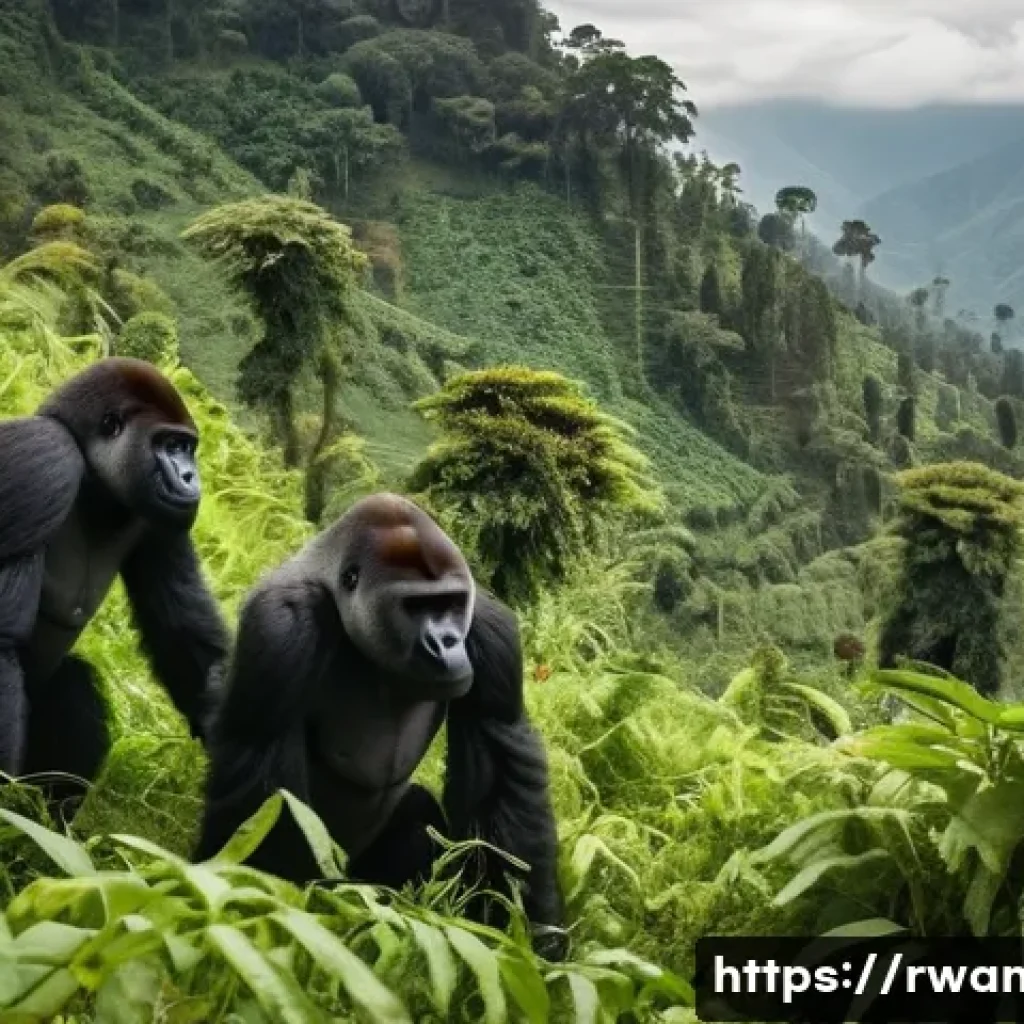 르완다와 일본의 관계 - **Image Prompt 1: Gorilla Trekking in the Land of a Thousand Hills**
A group of diverse tourists...