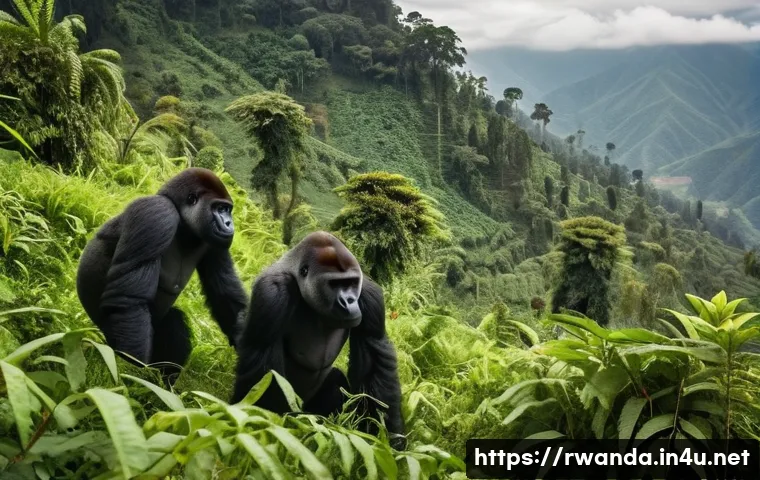 르완다와 일본의 관계 - **Image Prompt 1: Gorilla Trekking in the Land of a Thousand Hills**
A group of diverse tourists...